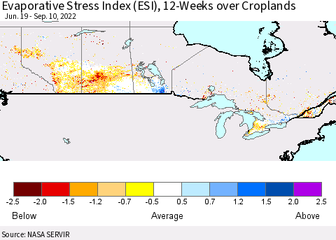 Canada Evaporative Stress Index (ESI), 12-Weeks over Croplands Thematic Map For 9/5/2022 - 9/11/2022