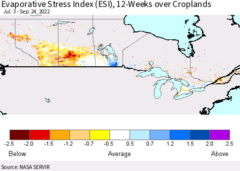 Canada Evaporative Stress Index (ESI), 12-Weeks over Croplands Thematic Map For 9/19/2022 - 9/25/2022