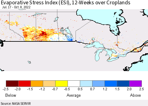 Canada Evaporative Stress Index (ESI), 12-Weeks over Croplands Thematic Map For 10/3/2022 - 10/9/2022