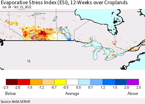 Canada Evaporative Stress Index (ESI), 12-Weeks over Croplands Thematic Map For 10/10/2022 - 10/16/2022