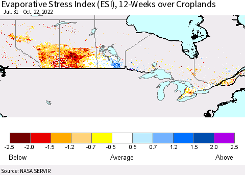 Canada Evaporative Stress Index (ESI), 12-Weeks over Croplands Thematic Map For 10/17/2022 - 10/23/2022