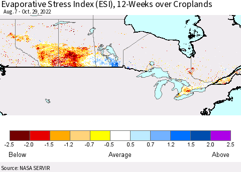 Canada Evaporative Stress Index (ESI), 12-Weeks over Croplands Thematic Map For 10/24/2022 - 10/30/2022