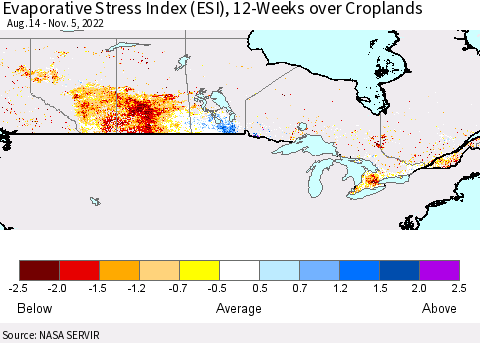 Canada Evaporative Stress Index (ESI), 12-Weeks over Croplands Thematic Map For 10/31/2022 - 11/6/2022