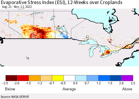 Canada Evaporative Stress Index (ESI), 12-Weeks over Croplands Thematic Map For 11/7/2022 - 11/13/2022