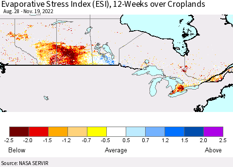 Canada Evaporative Stress Index (ESI), 12-Weeks over Croplands Thematic Map For 11/14/2022 - 11/20/2022