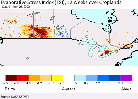 Canada Evaporative Stress Index (ESI), 12-Weeks over Croplands Thematic Map For 11/21/2022 - 11/27/2022