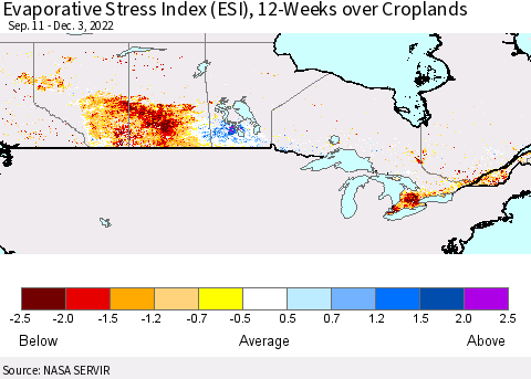 Canada Evaporative Stress Index (ESI), 12-Weeks over Croplands Thematic Map For 11/28/2022 - 12/4/2022