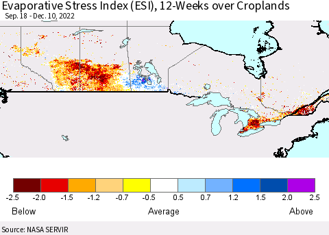 Canada Evaporative Stress Index (ESI), 12-Weeks over Croplands Thematic Map For 12/5/2022 - 12/11/2022