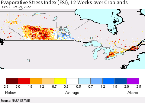 Canada Evaporative Stress Index (ESI), 12-Weeks over Croplands Thematic Map For 12/19/2022 - 12/25/2022