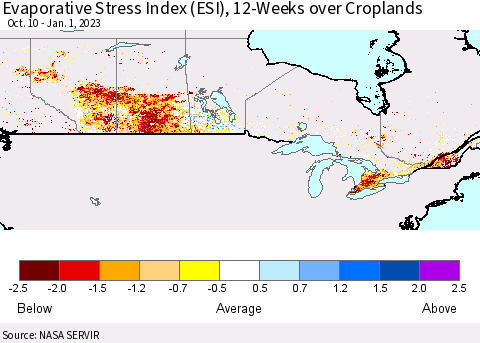 Canada Evaporative Stress Index (ESI), 12-Weeks over Croplands Thematic Map For 12/26/2022 - 1/1/2023