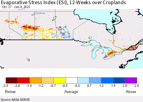 Canada Evaporative Stress Index (ESI), 12-Weeks over Croplands Thematic Map For 1/2/2023 - 1/8/2023