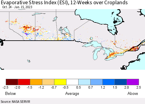 Canada Evaporative Stress Index (ESI), 12-Weeks over Croplands Thematic Map For 1/9/2023 - 1/15/2023