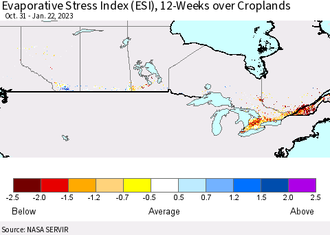 Canada Evaporative Stress Index (ESI), 12-Weeks over Croplands Thematic Map For 1/16/2023 - 1/22/2023