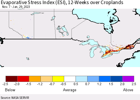 Canada Evaporative Stress Index (ESI), 12-Weeks over Croplands Thematic Map For 1/23/2023 - 1/29/2023