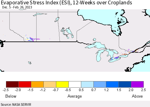 Canada Evaporative Stress Index (ESI), 12-Weeks over Croplands Thematic Map For 2/20/2023 - 2/26/2023