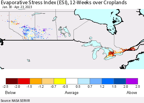 Canada Evaporative Stress Index (ESI), 12-Weeks over Croplands Thematic Map For 4/17/2023 - 4/23/2023