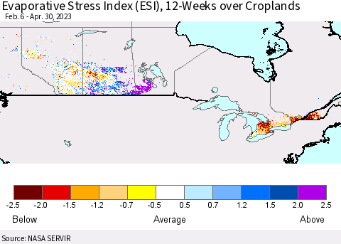 Canada Evaporative Stress Index (ESI), 12-Weeks over Croplands Thematic Map For 4/24/2023 - 4/30/2023