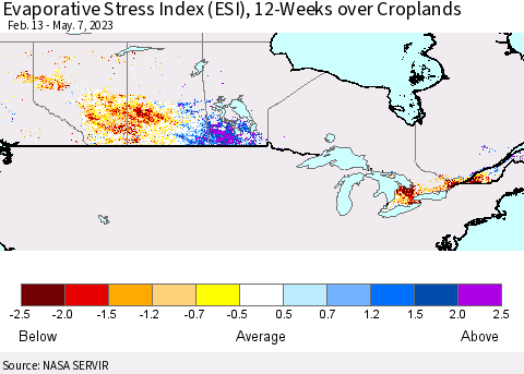 Canada Evaporative Stress Index (ESI), 12-Weeks over Croplands Thematic Map For 5/1/2023 - 5/7/2023