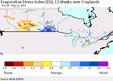 Canada Evaporative Stress Index (ESI), 12-Weeks over Croplands Thematic Map For 5/8/2023 - 5/14/2023