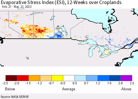 Canada Evaporative Stress Index (ESI), 12-Weeks over Croplands Thematic Map For 5/15/2023 - 5/21/2023