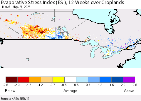 Canada Evaporative Stress Index (ESI), 12-Weeks over Croplands Thematic Map For 5/22/2023 - 5/28/2023