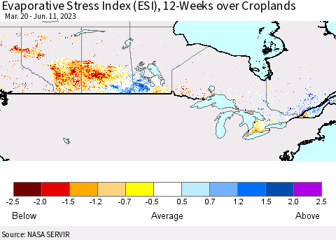 Canada Evaporative Stress Index (ESI), 12-Weeks over Croplands Thematic Map For 6/5/2023 - 6/11/2023