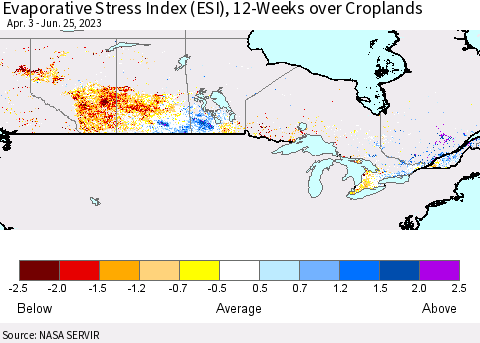 Canada Evaporative Stress Index (ESI), 12-Weeks over Croplands Thematic Map For 6/19/2023 - 6/25/2023