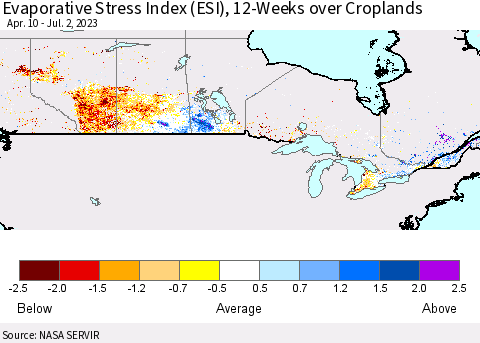 Canada Evaporative Stress Index (ESI), 12-Weeks over Croplands Thematic Map For 6/26/2023 - 7/2/2023