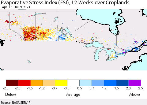 Canada Evaporative Stress Index (ESI), 12-Weeks over Croplands Thematic Map For 7/3/2023 - 7/9/2023