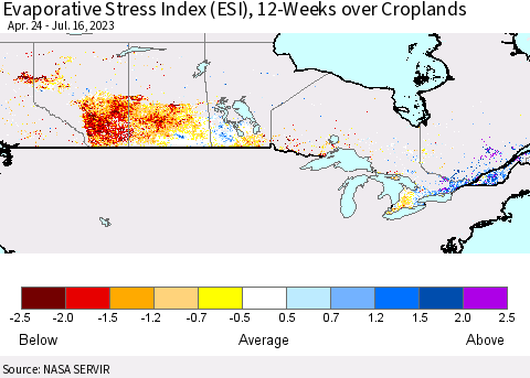 Canada Evaporative Stress Index (ESI), 12-Weeks over Croplands Thematic Map For 7/10/2023 - 7/16/2023