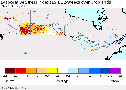Canada Evaporative Stress Index (ESI), 12-Weeks over Croplands Thematic Map For 7/17/2023 - 7/23/2023