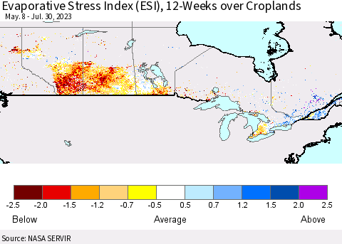 Canada Evaporative Stress Index (ESI), 12-Weeks over Croplands Thematic Map For 7/24/2023 - 7/30/2023