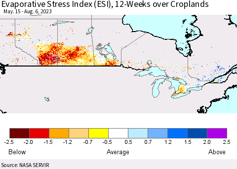 Canada Evaporative Stress Index (ESI), 12-Weeks over Croplands Thematic Map For 7/31/2023 - 8/6/2023