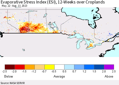 Canada Evaporative Stress Index (ESI), 12-Weeks over Croplands Thematic Map For 8/7/2023 - 8/13/2023