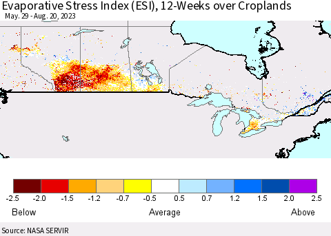 Canada Evaporative Stress Index (ESI), 12-Weeks over Croplands Thematic Map For 8/14/2023 - 8/20/2023