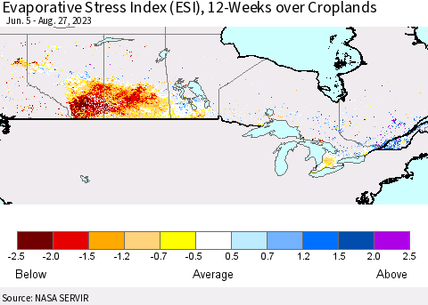 Canada Evaporative Stress Index (ESI), 12-Weeks over Croplands Thematic Map For 8/21/2023 - 8/27/2023