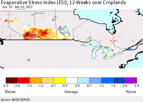 Canada Evaporative Stress Index (ESI), 12-Weeks over Croplands Thematic Map For 9/4/2023 - 9/10/2023