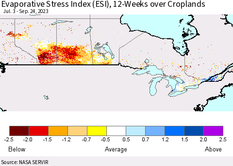 Canada Evaporative Stress Index (ESI), 12-Weeks over Croplands Thematic Map For 9/18/2023 - 9/24/2023