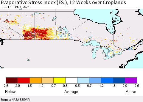 Canada Evaporative Stress Index (ESI), 12-Weeks over Croplands Thematic Map For 10/2/2023 - 10/8/2023