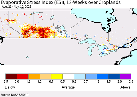 Canada Evaporative Stress Index (ESI), 12-Weeks over Croplands Thematic Map For 11/6/2023 - 11/12/2023