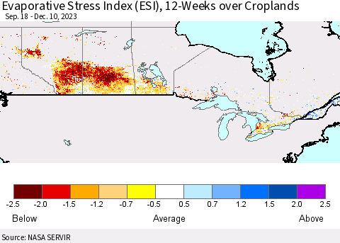 Canada Evaporative Stress Index (ESI), 12-Weeks over Croplands Thematic Map For 12/4/2023 - 12/10/2023