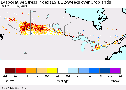 Canada Evaporative Stress Index (ESI), 12-Weeks over Croplands Thematic Map For 12/18/2023 - 12/24/2023