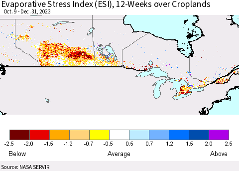 Canada Evaporative Stress Index (ESI), 12-Weeks over Croplands Thematic Map For 12/25/2023 - 12/31/2023