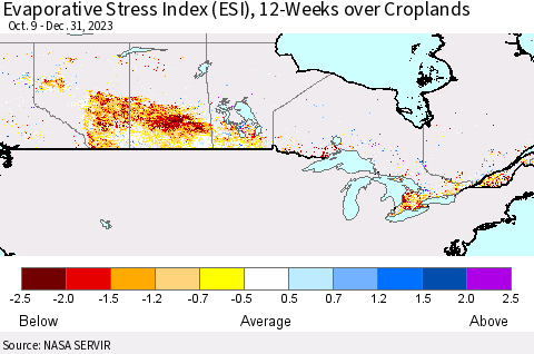 Canada Evaporative Stress Index (ESI), 12-Weeks over Croplands Thematic Map For 1/1/2024 - 1/7/2024