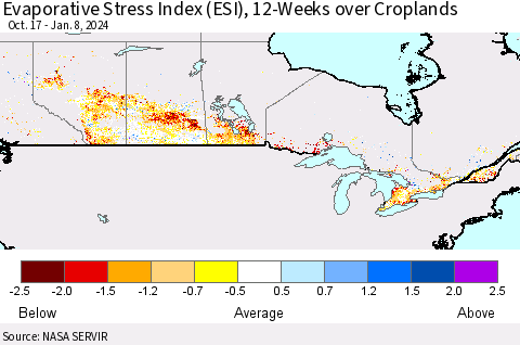 Canada Evaporative Stress Index (ESI), 12-Weeks over Croplands Thematic Map For 1/8/2024 - 1/14/2024