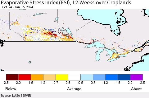 Canada Evaporative Stress Index (ESI), 12-Weeks over Croplands Thematic Map For 1/15/2024 - 1/21/2024
