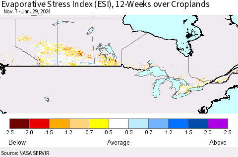 Canada Evaporative Stress Index (ESI), 12-Weeks over Croplands Thematic Map For 1/29/2024 - 2/4/2024