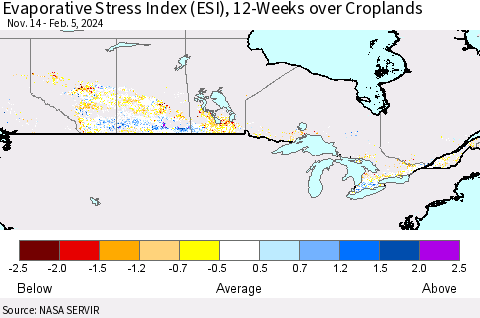 Canada Evaporative Stress Index (ESI), 12-Weeks over Croplands Thematic Map For 2/5/2024 - 2/11/2024