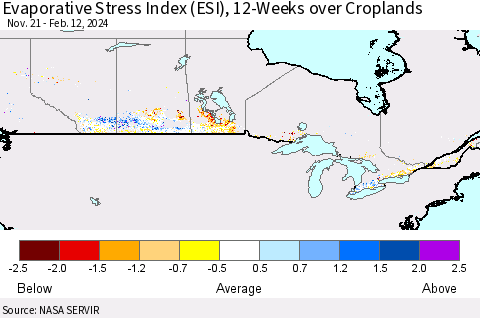Canada Evaporative Stress Index (ESI), 12-Weeks over Croplands Thematic Map For 2/12/2024 - 2/18/2024