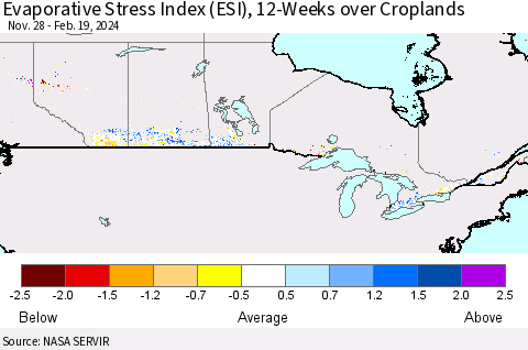 Canada Evaporative Stress Index (ESI), 12-Weeks over Croplands Thematic Map For 2/19/2024 - 2/25/2024
